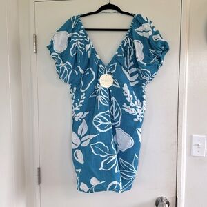 Gillia tropical puff sleeve linen dress